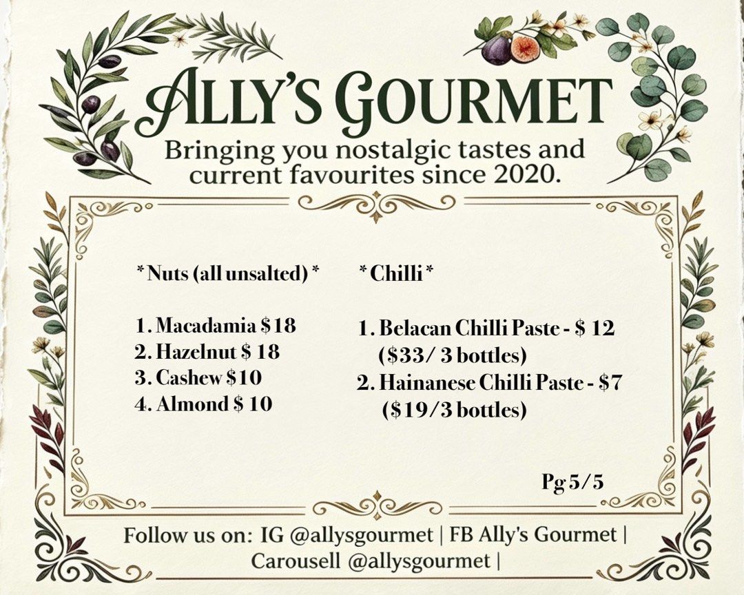 Menu (Category: Homemade Bakes) located in Singapore. Submitted by allysgourmet (Listing ID 1349758079, Image 5). Description: The full menu. .