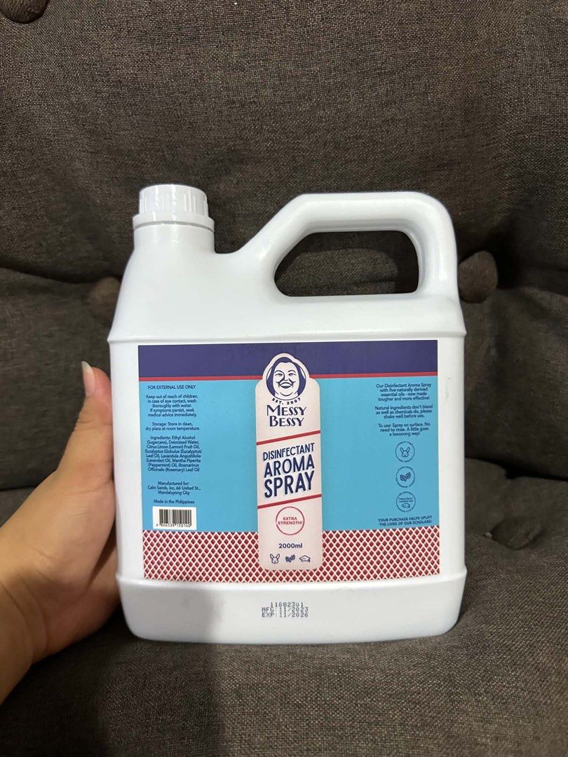 Messy Bessy Disinfectant Aroma Spray Extra Strength 2000ml (Category: Home Fragrance) located in Taguig. Submitted by minmin_parker (Listing ID 1458433062, Image 1). Description: - Messy Bessy Disinfectant Aroma Spray - Extra Strength formula - Large 2000ml bottle - Made with naturally derived essential oils - Tough on germs, leaves a great scent - No rinsing required after spraying on surfaces - A little goes a long way - Proudly made in the Phi