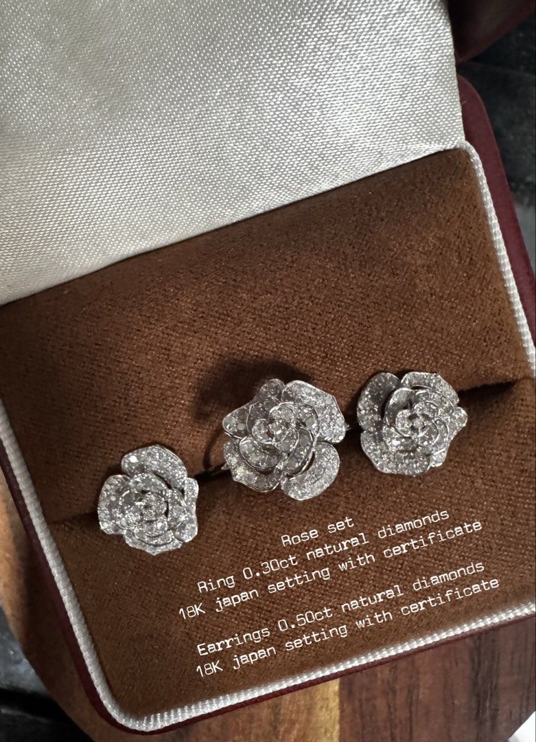 natural diamond rose set (Category: Jewelry) located in Rizal. Submitted by mariediamonds (Listing ID 1458307929, Image 1). Description: Rose set Ring 0.30ct natural diamonds 18K japan setting with certificate Earrings 0.50ct natural diamonds 18K japan setting with certificate.