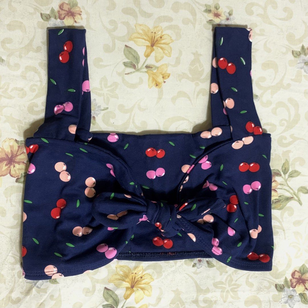 Navy Blue Cherry Print Knot Front Crop Top (Category: Others Tops) located in Manila. Submitted by maggy.bear (Listing ID 1458399454, Image 3). Description: Navy blue cherry tie top 🍒 rfs: decluttering - Self tie/adjustable - xxs to small - used once - can provide more photos - Dm if interested 🧾Gcash or vybe/bpi 📍San Juan/Mandaluyong City 📦 Jnt or lalamove.