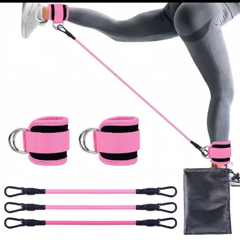 Pink Ankle Strap Resistance Bands Set (Category: Toning & Stretching Accessories) located in Manila. Submitted by jowil.buisrat (Listing ID 1458478844, Image 1). Description: - Complete leg and glute workout set. - Includes 2 adjustable, padded ankle straps for comfort. - Comes with 3 resistance bands of varying levels. - Bands feature easy-to-use carabiner clips. - Lightweight carrying bag included for portability. - Perfect for home or gym use.