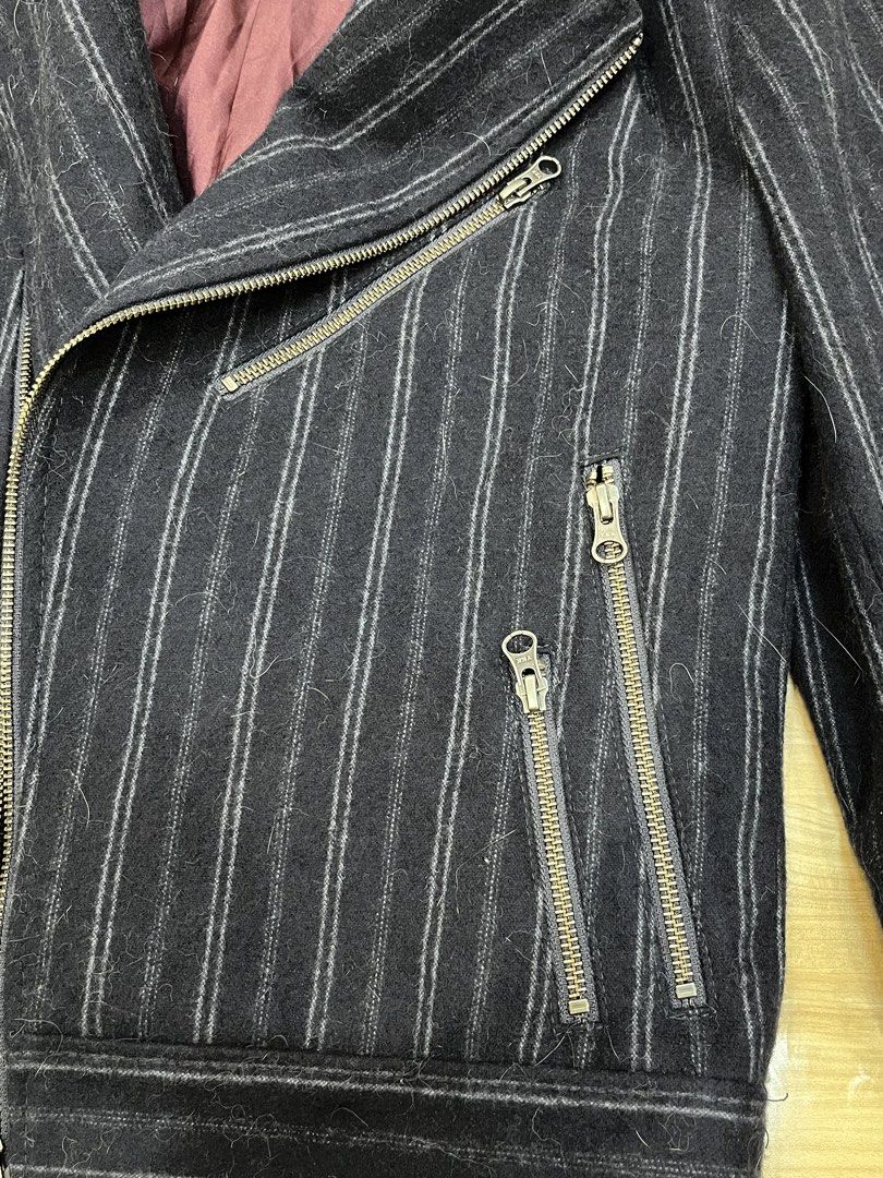 Pinstripe biker jacket (Category: Coats, Jackets and Outerwear) located in Angeles City. Submitted by thriftsij (Listing ID 1458483151, Image 3). Description: Stage of Playlord Pinstripe Biker Jacket maroon lined coat Sz small Perfect for corporate goth, archive streetwear, or grunge looks..