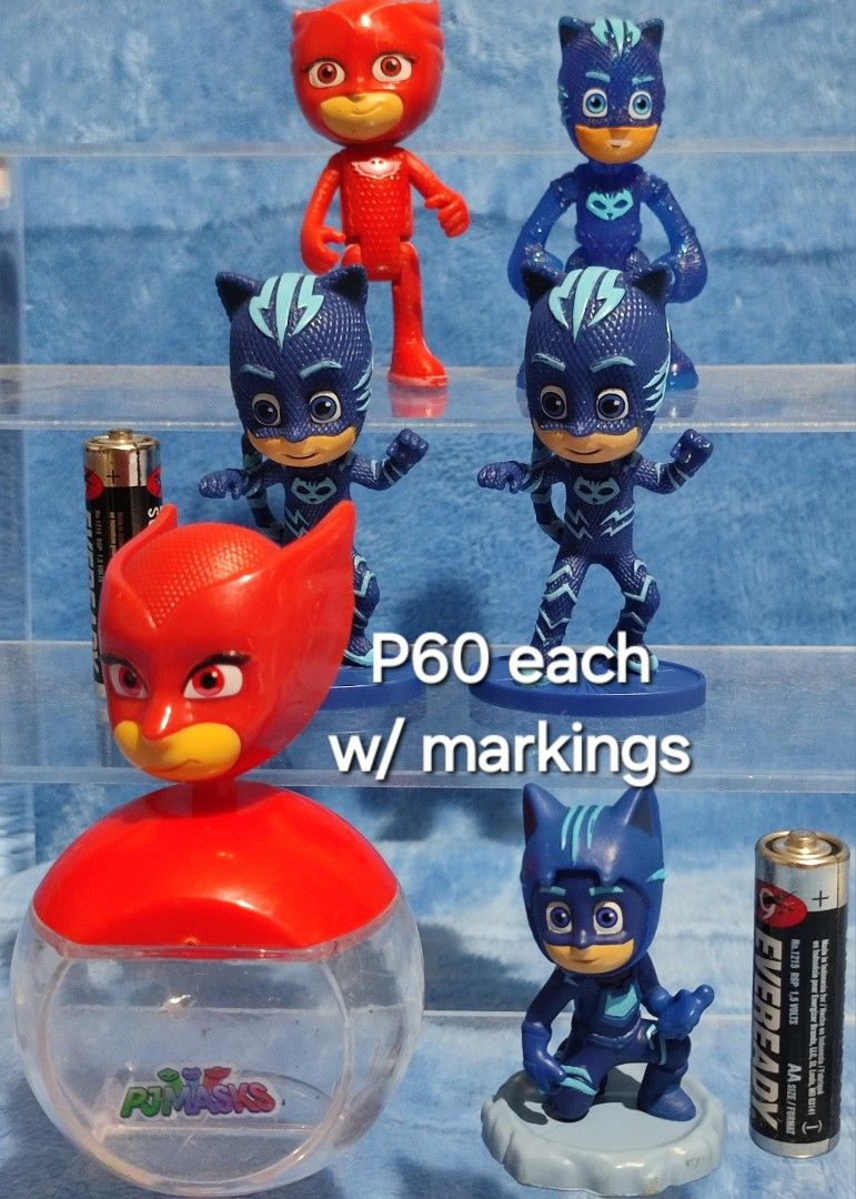PJ Masks Action Figures - Various Characters Available (Category: Figurines & Statues) located in Baguio. Submitted by abigailmyra (Listing ID 1458391876, Image 2). Description: - PJ Masks Action Figures Available! - Characters include Catboy, Gekko, Owlette, and others. - Pricing: - P60 each with markings - P60 for a set of 3 figures - P20 each for smaller figures (no markings) - Special Christmas Gekko figure: P35 loc:Baguio-CAR.