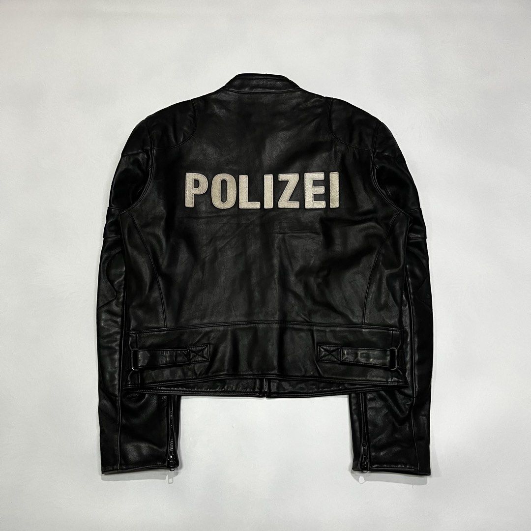 Polizei vetements leather jacket (Category: Coats, Jackets and Outerwear) located in Quezon City. Submitted by thriftrage (Listing ID 1458428185, Image 2). Description: Width’ 21 Length’ 23 Issue zipper/scratch/paint/missing tag Good condition .