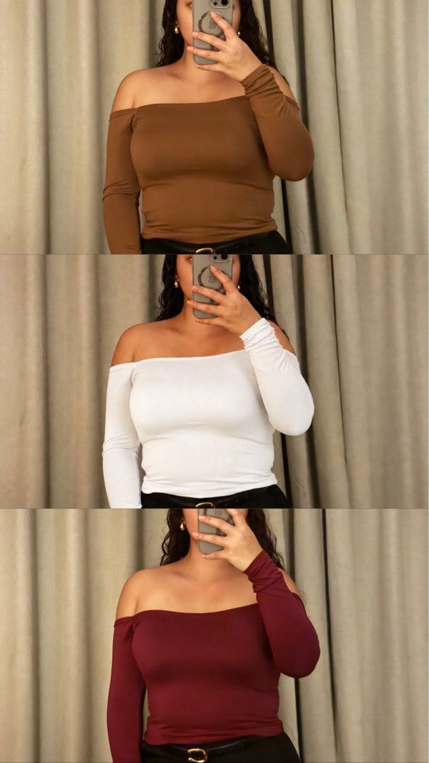 [PRELOVED] OFF-SHOULDER TOPS (Category: Longsleeves) located in Cabanatuan. Submitted by caramelemcchiato (Listing ID 1458463644, Image 1). Description: white (house of lulu) - ₱199 brown, maroon (tiktok shop) - ₱99/each.
