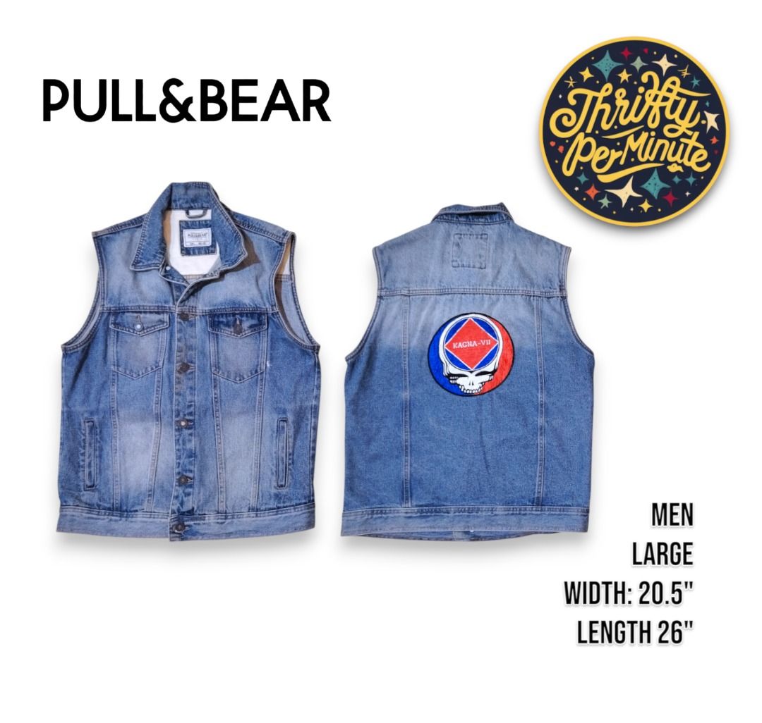 Pull&Bear light stonewash blue denim vest with Grateful Dead embroidered decal (Category: Vests) located in Bacolor. Submitted by thriftyperminute (Listing ID 1458477125, Image 1). Description: -This is a pre-loved or thrifted item so please manage your expectations. -Color may slightly differ due to lighting or with the settings of the device used to view the photos -"Mine" now, pay now policy -Payment through gcash -Sure buyers only, please -No