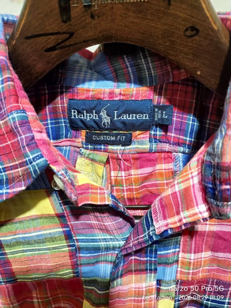 Ralph Lauren Patchwork Short Sleeve Shirt (Category: Tshirts & Polo Shirts ) located in Santo Tomas. Submitted by pickers_corner (Listing ID 1458415617, Image 2). Description: vintage Polo Ralph Lauren patch work button down size L dime 22x28 excellent no issue - Ralph Lauren Short Sleeve Shirt - Custom Fit - Eye-catching colorful patchwork plaid design - Signature green pony logo embroidered on chest pocket - Classic button-up front - Size: Larg