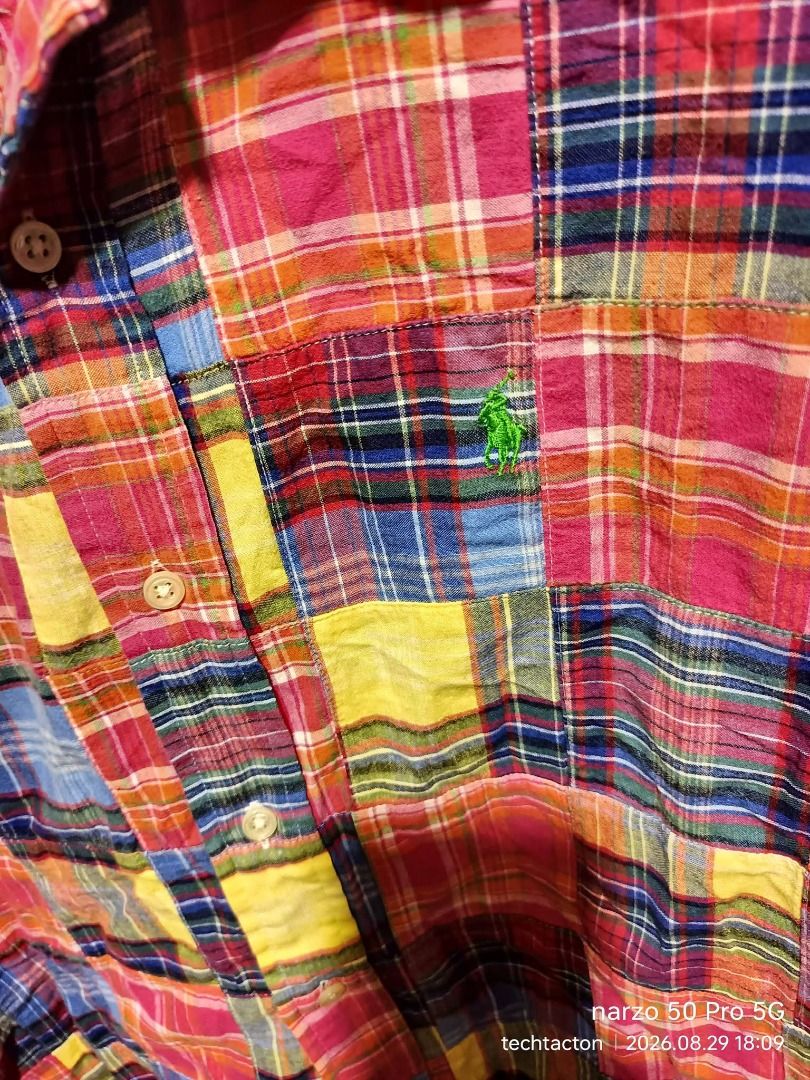 Ralph Lauren Patchwork Short Sleeve Shirt (Category: Tshirts & Polo Shirts ) located in Santo Tomas. Submitted by pickers_corner (Listing ID 1458415617, Image 3). Description: vintage Polo Ralph Lauren patch work button down size L dime 22x28 excellent no issue - Ralph Lauren Short Sleeve Shirt - Custom Fit - Eye-catching colorful patchwork plaid design - Signature green pony logo embroidered on chest pocket - Classic button-up front - Size: Larg