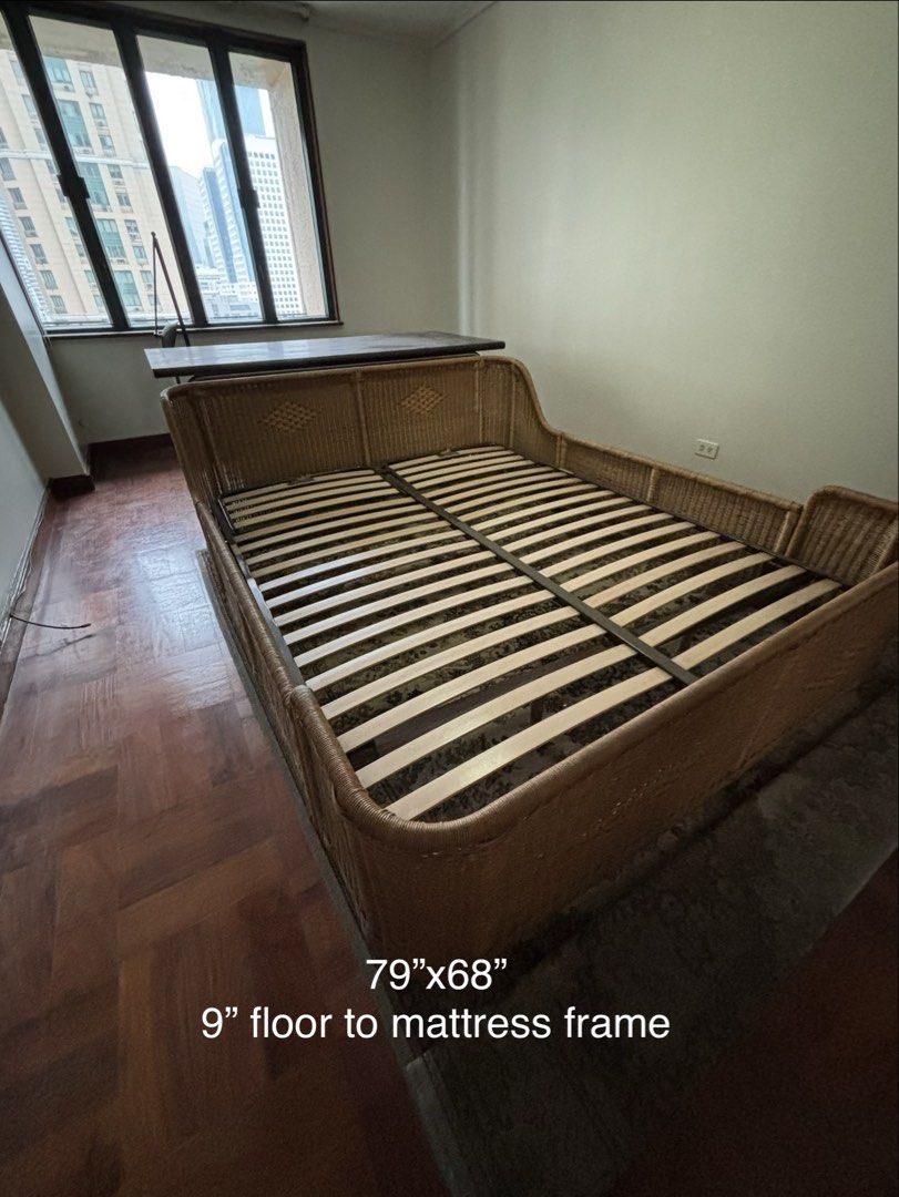 Rattan Queen Bed with Side Table (Category: Bedding & Towels) located in Quezon City. Submitted by fruitteapearls (Listing ID 1457376519, Image 1). Description: Rattan Bed Frame Only with Side Table Mattress not included.