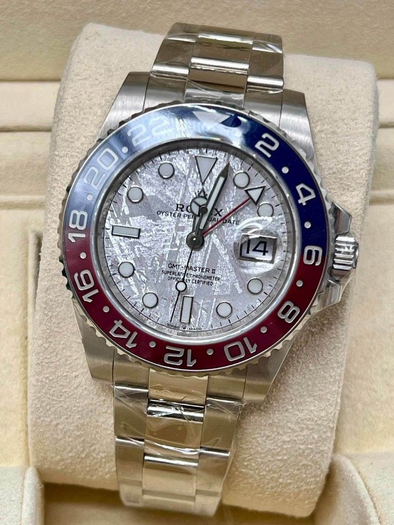 ROLEX GMT MASTER (Category: Luxury Watches) located in Mandaluyong City. Submitted by mitchdujali (Listing ID 1458488106, Image 2). Description: ROLEX GMT MASTER WHITE GOLD IN METEORITE DIAL DM FOR INQUIRIES.