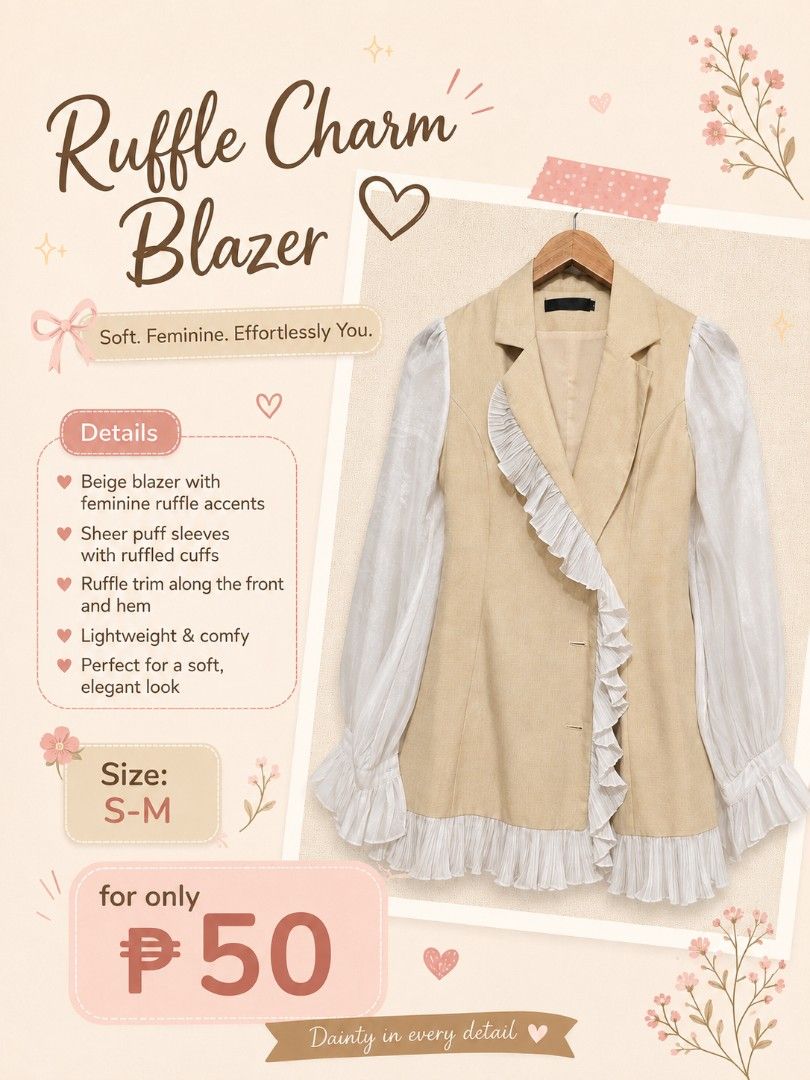 Ruffle Charm Beige Blazer with Sheer Puff Sleeves (Category: Coats, Jackets and Outerwear) located in Quezon City. Submitted by djmr2417 (Listing ID 1458497618, Image 1). Description: - Elegant beige blazer with delicate ruffle accents. - Features sheer puff sleeves with ruffled cuffs. - Ruffle trim along the front and hem for a stylish touch. - Lightweight and comfortable for all-day wear. - Creates a soft and elegant silhouette. - Size: Fits Sm
