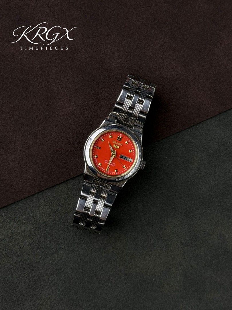 Seiko 5 Automatic Orange Dial Watch (Category: Women's Watches) located in Manila. Submitted by kevin_leal15 (Listing ID 1458465197, Image 3). Description: Seiko 5 Ladies "Red Royale" Not just a watch. It’s a statement. 🔥 Meet the Red Royale, a red dial that demands attention. ❤️⌚ ✔️ Movement: 4207 Automatic ✔️ Case Size: Approx. 25mm ✔️Approx. 6.3 inch wrist size ✔️ All original ✔️ Newly serviced ✔️ Newly polished 📦 Inclusions: Replacement box