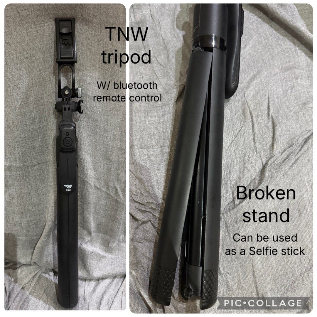Selfie stick/tripod (Category: Other Gadgets) located in Pasig City. Submitted by emashopaholic (Listing ID 1458376495, Image 1). Description: PLS SEE DESCRIPTION!!! Preloved TNW tripod With bluetooth remote Issue: one leg was damaged so this can be used as a SELFIE STICK. Only for those willing to repair or enough to use as a selfie stick. Pasig pick up Gcash Shipping c/o buyer .