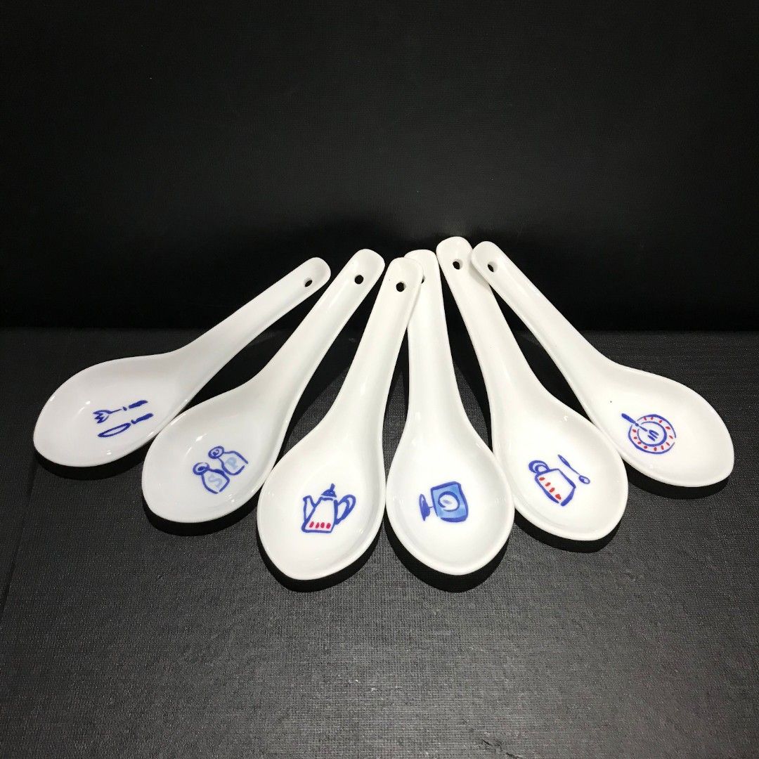 Set of 6 Ceramic Spoons with Kitchenware Designs (Category: Dinnerware & Cutlery) located in Baao. Submitted by all.things.japan (Listing ID 1458326530, Image 1). Description: Set of 6 Ceramic Soup Spoons Like New L: 5.0 inches Mine: P245.00 Add Sf MOP: GCash/Landbank/Maya MOD: Flash Express.