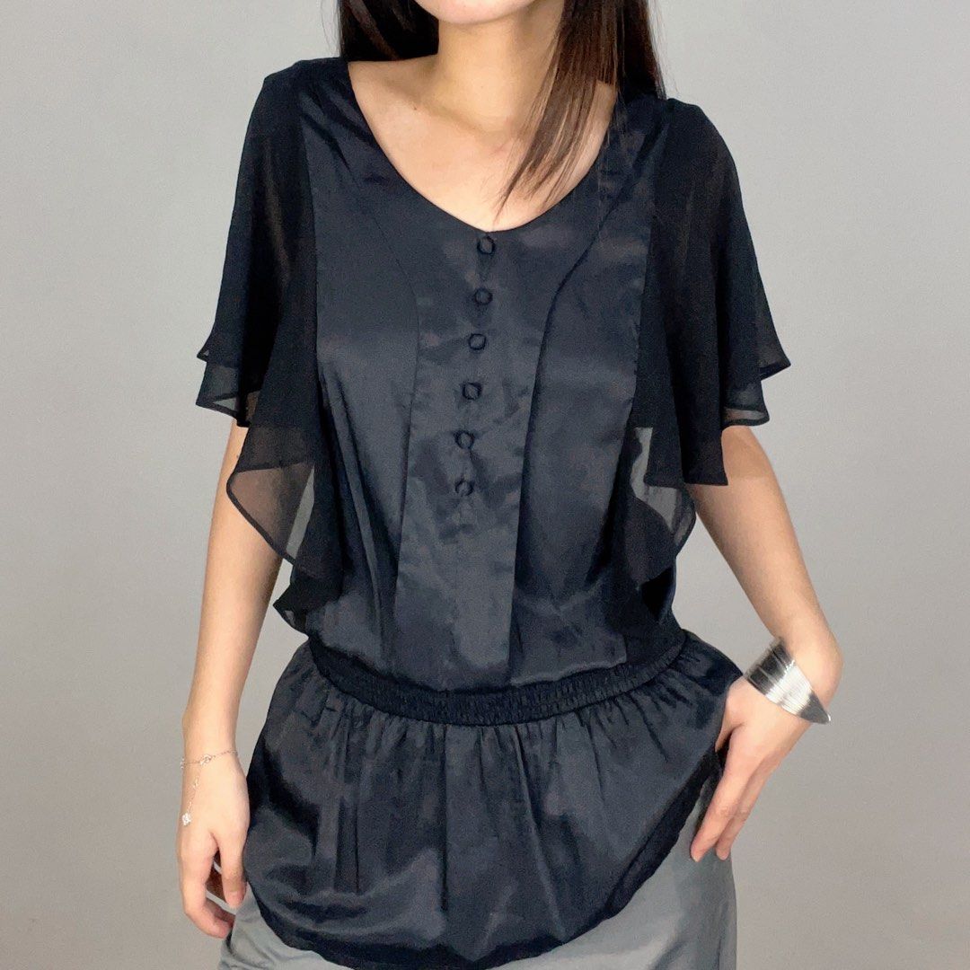 sheer butterfly sleeve peplum top (Category: Blouses) located in Manila. Submitted by pabili.ph (Listing ID 1458457350, Image 1). Description: medium L25”, up to B36”.