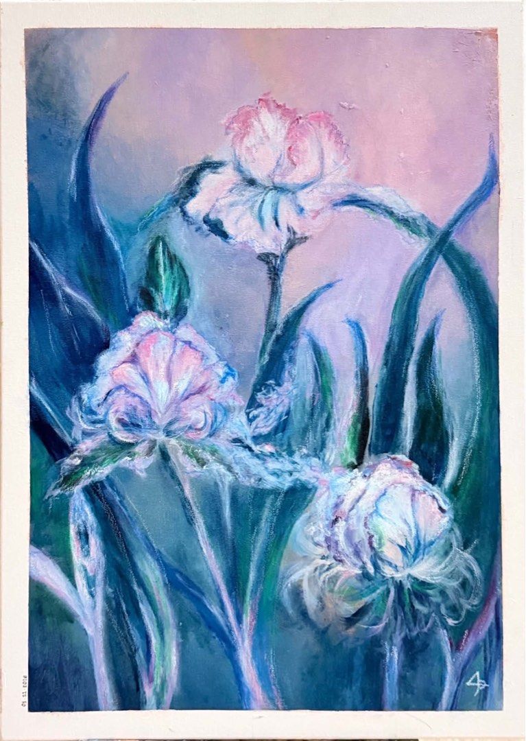 Large Floral Painting (No Frame) (Category: Art & Prints) located in Manila. Submitted by yuki_999 (Listing ID 1458396627, Image 2). Description: - Original acrylic painting titled "Soft Irises" - Features delicate irises in shades of blue, pink, and purple - Painted on canvas, size 18 x 24 inches - Frame not included - Signed by the artist - Perfect for home decor - Price negotiable.