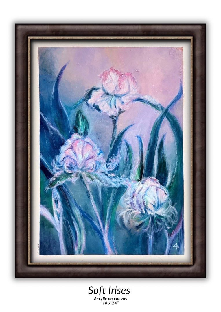 Large Floral Painting (No Frame) (Category: Art & Prints) located in Manila. Submitted by yuki_999 (Listing ID 1458396627, Image 1). Description: - Original acrylic painting titled "Soft Irises" - Features delicate irises in shades of blue, pink, and purple - Painted on canvas, size 18 x 24 inches - Frame not included - Signed by the artist - Perfect for home decor - Price negotiable.