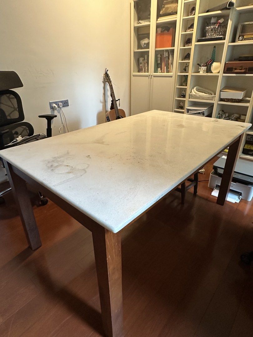 Solid marble table (Category: Tables & Sets) located in Subang Jaya. Submitted by angeliquetek2001 (Listing ID 1458322418, Image 1). Description: White marble table with wooden cornering Very solid and sturdy, very good quality Selling it as i’m planning to get another table for new room design Original price: around rm2000 Selling for rm1000 now Message to view in person .