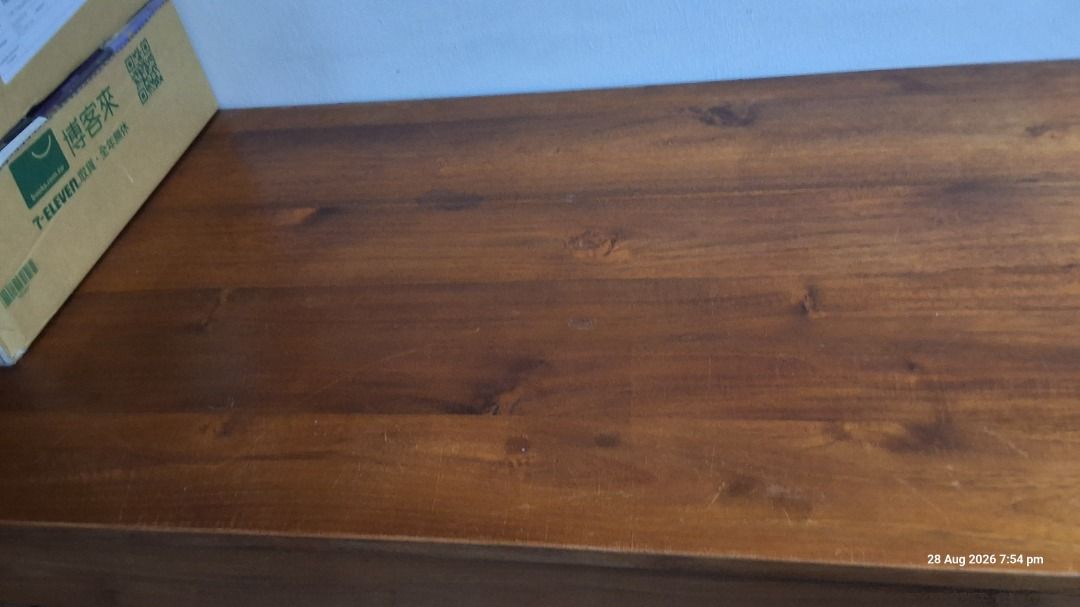 Solid Wood Console Table (Category: Tables & Sets) located in Singapore. Submitted by lingloh-sg (Listing ID 1458120456, Image 3). Description: - Simple design - Ideal for entryways or behind sofas - Minor scuffs from normal use - dimensions Height = 104cm Length = 130 Depth = 60.