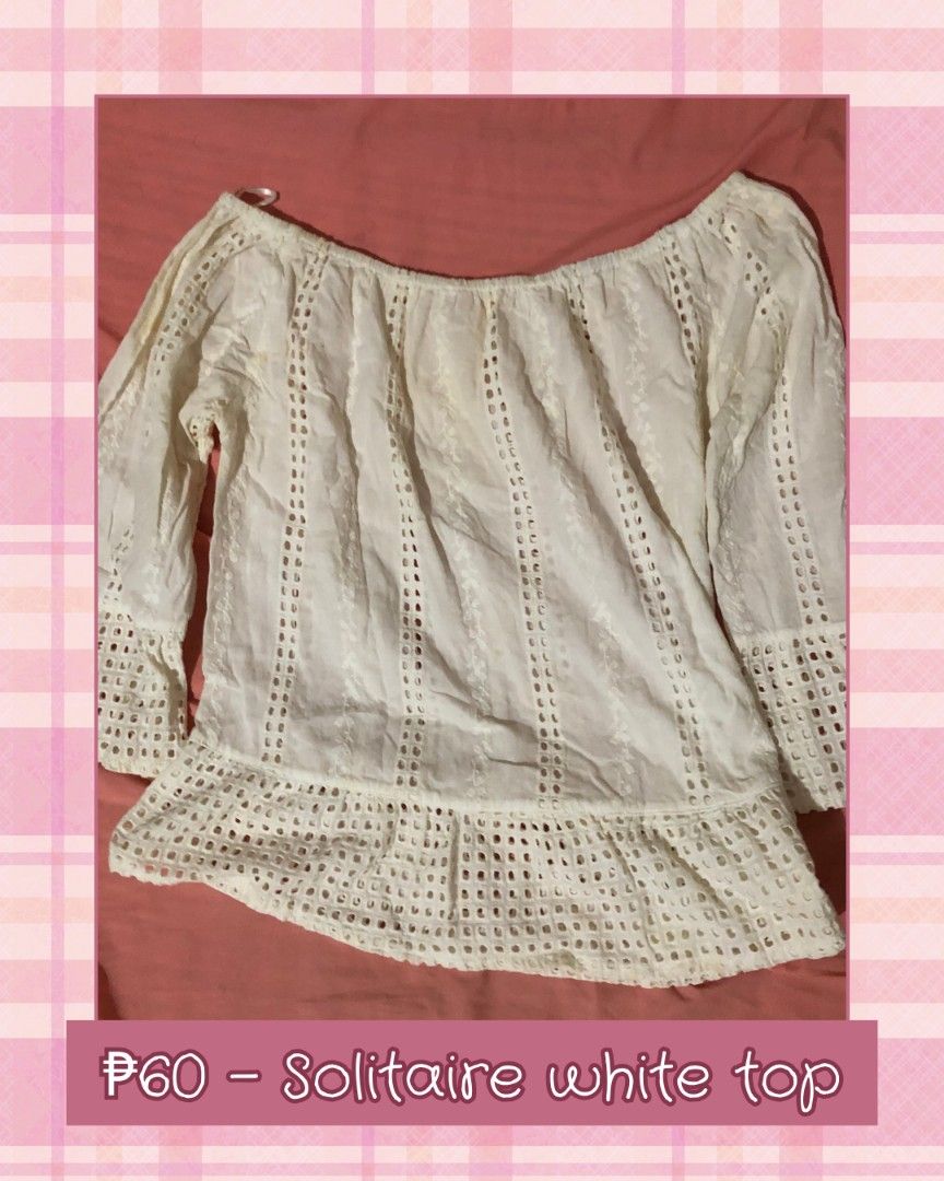 Solitaire White Off-Shoulder Top (Category: Blouses) located in Paranaque City. Submitted by 2nd.chance_ph (Listing ID 1458416231, Image 1). Description: ˚₊۶ৎ˙⋆ Solitaire white top ✂ ₱rice: ₱60+SF ❝ It's sorta like an off shoulder. ❞ ⋆˚𖥔 ݁ ˖𓂃.☘︎ ݁˖ Size: M (DM for exact measurements) 𐔌՞. .՞𐦯 ᢉ𐭩.ᐟ Noted issues: - Signs of usage DM to order ˚꩜ .ᐟ.