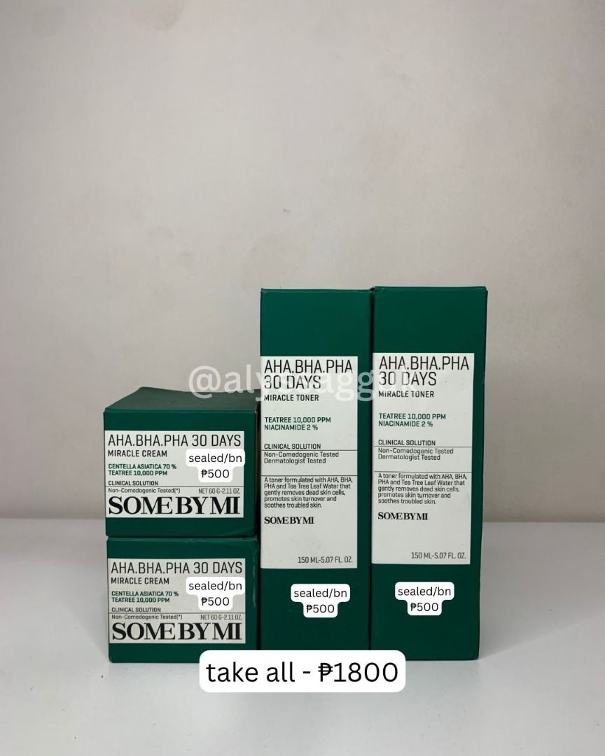 SOME BY MI Miracle Toner & Moisturizer (Category: Face Care) located in Marikina City. Submitted by alyssagguk (Listing ID 1458463288, Image 1). Description: OPEN FOR TAKE ALL, DM YOUR OFFER prices indicated on the photo Some By Mi AHA BHA PHA 30 Days Miracle Cream Some By Mi AHA BHA PHA 30 Days Miracle Toner.