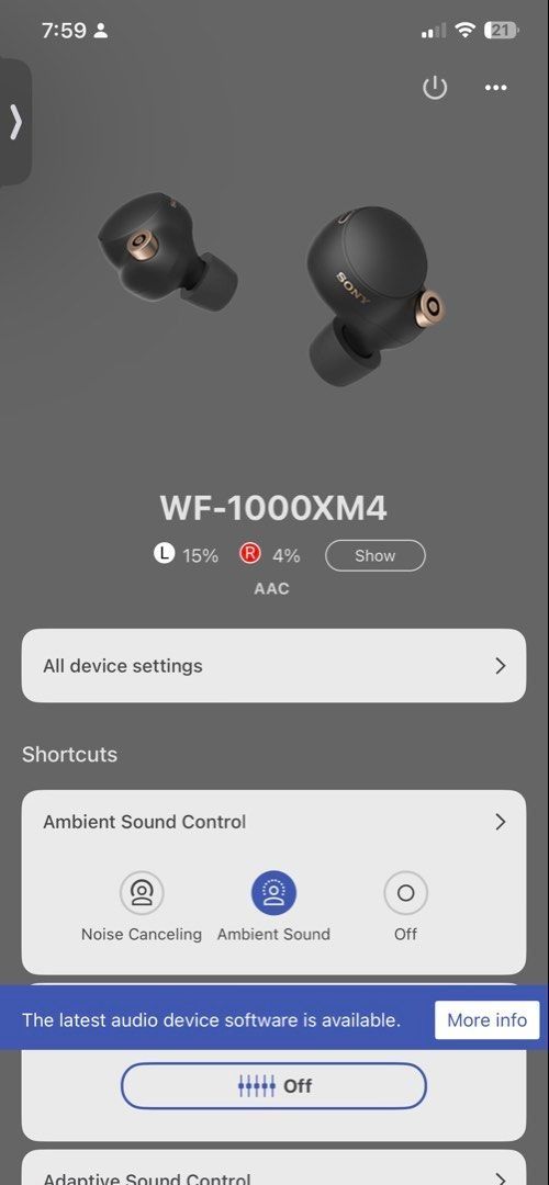Sony Earbuds (Category: Earphones) located in Quezon City. Submitted by shopnimark (Listing ID 1458359617, Image 1). Description: Selling my Sony WF-1000XM4 earbuds. Great sound quality and noise cancelling. Comes with the charging case. I think Need to replace right buds battery .