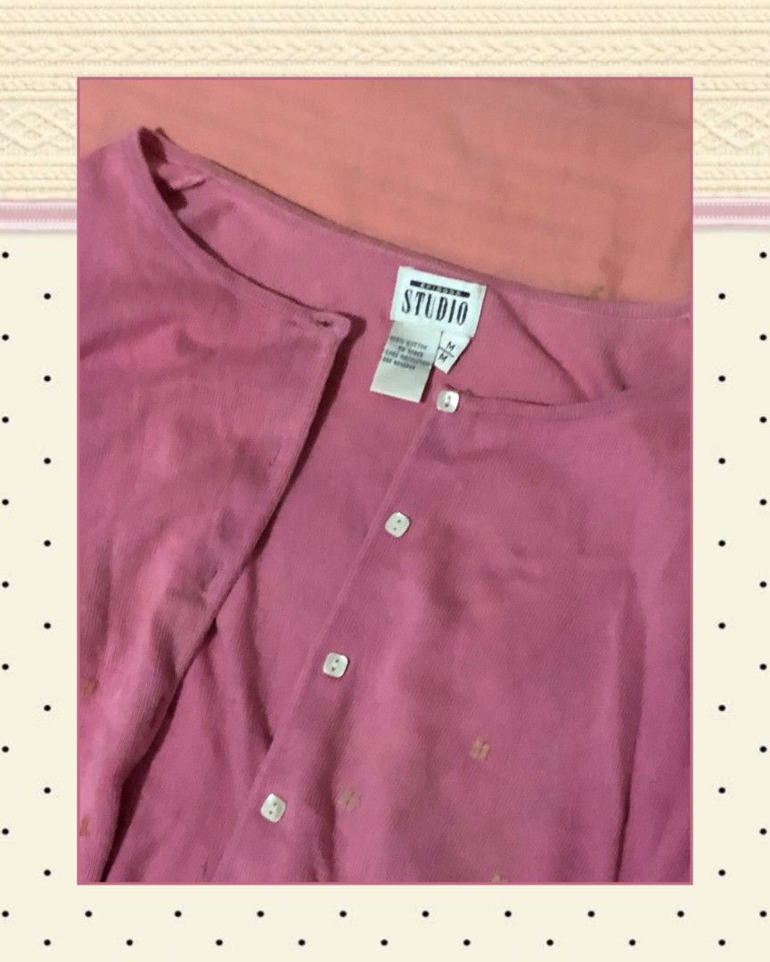 Studio Pink Cardigan and Tank Top Set (Category: Sets or Coordinates) located in Paranaque City. Submitted by 2nd.chance_ph (Listing ID 1458413113, Image 2). Description: ˚₊۶ৎ˙⋆ Matching Pink top set ✂ ₱rice: ₱50+SF ❝ Cardigan and top set. ❞ ⋆˚𖥔 ݁ ˖𓂃.☘︎ ݁˖ Size: M [DM for exact measurements] 𐔌՞. .՞𐦯 ᢉ𐭩.ᐟ Noted issues: - Signs of usage - The sequence is yellow due to age DM to order ˚꩜ .ᐟ.
