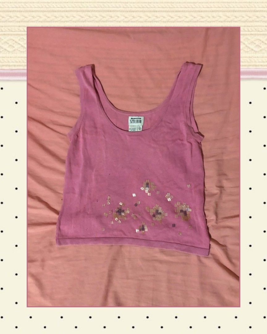 Studio Pink Cardigan and Tank Top Set (Category: Sets or Coordinates) located in Paranaque City. Submitted by 2nd.chance_ph (Listing ID 1458413113, Image 3). Description: ˚₊۶ৎ˙⋆ Matching Pink top set ✂ ₱rice: ₱50+SF ❝ Cardigan and top set. ❞ ⋆˚𖥔 ݁ ˖𓂃.☘︎ ݁˖ Size: M [DM for exact measurements] 𐔌՞. .՞𐦯 ᢉ𐭩.ᐟ Noted issues: - Signs of usage - The sequence is yellow due to age DM to order ˚꩜ .ᐟ.