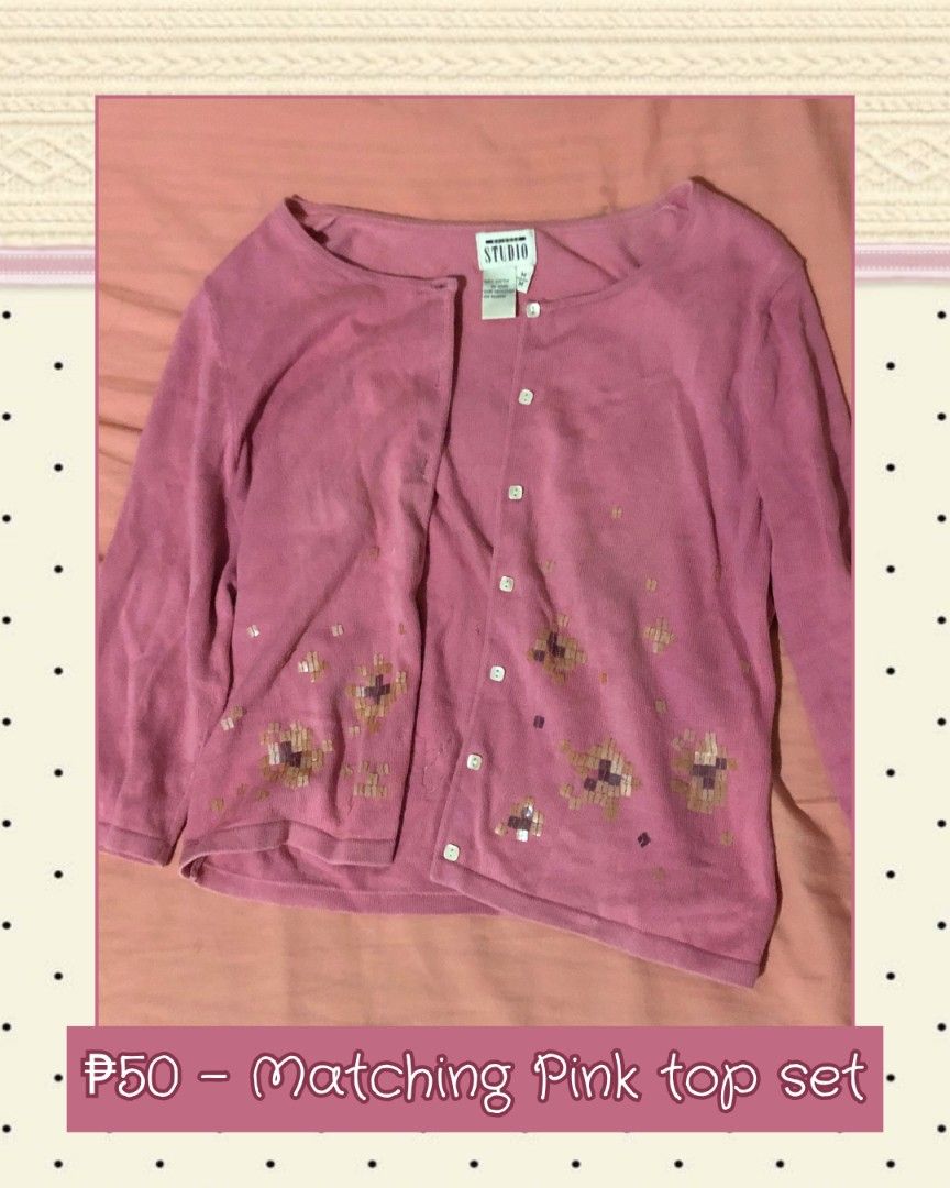 Studio Pink Cardigan and Tank Top Set (Category: Sets or Coordinates) located in Paranaque City. Submitted by 2nd.chance_ph (Listing ID 1458413113, Image 1). Description: ˚₊۶ৎ˙⋆ Matching Pink top set ✂ ₱rice: ₱50+SF ❝ Cardigan and top set. ❞ ⋆˚𖥔 ݁ ˖𓂃.☘︎ ݁˖ Size: M [DM for exact measurements] 𐔌՞. .՞𐦯 ᢉ𐭩.ᐟ Noted issues: - Signs of usage - The sequence is yellow due to age DM to order ˚꩜ .ᐟ.