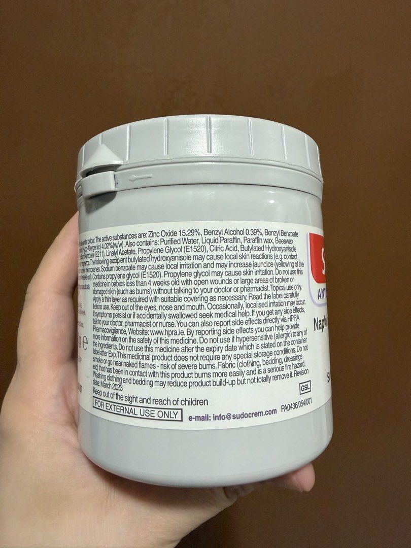 Sudocrem Antiseptic Healing Cream 400g (Category: Baby Toiletries & Grooming) located in Mandaluyong City. Submitted by raeshops (Listing ID 1458324739, Image 3). Description: - Sudocrem Antiseptic Healing Cream - Large tub (400g) - Treats diaper rash, eczema, bed sores - Also for sunburn, minor burns, wounds, acne, chilblains - Expiry Date: 08/2027.