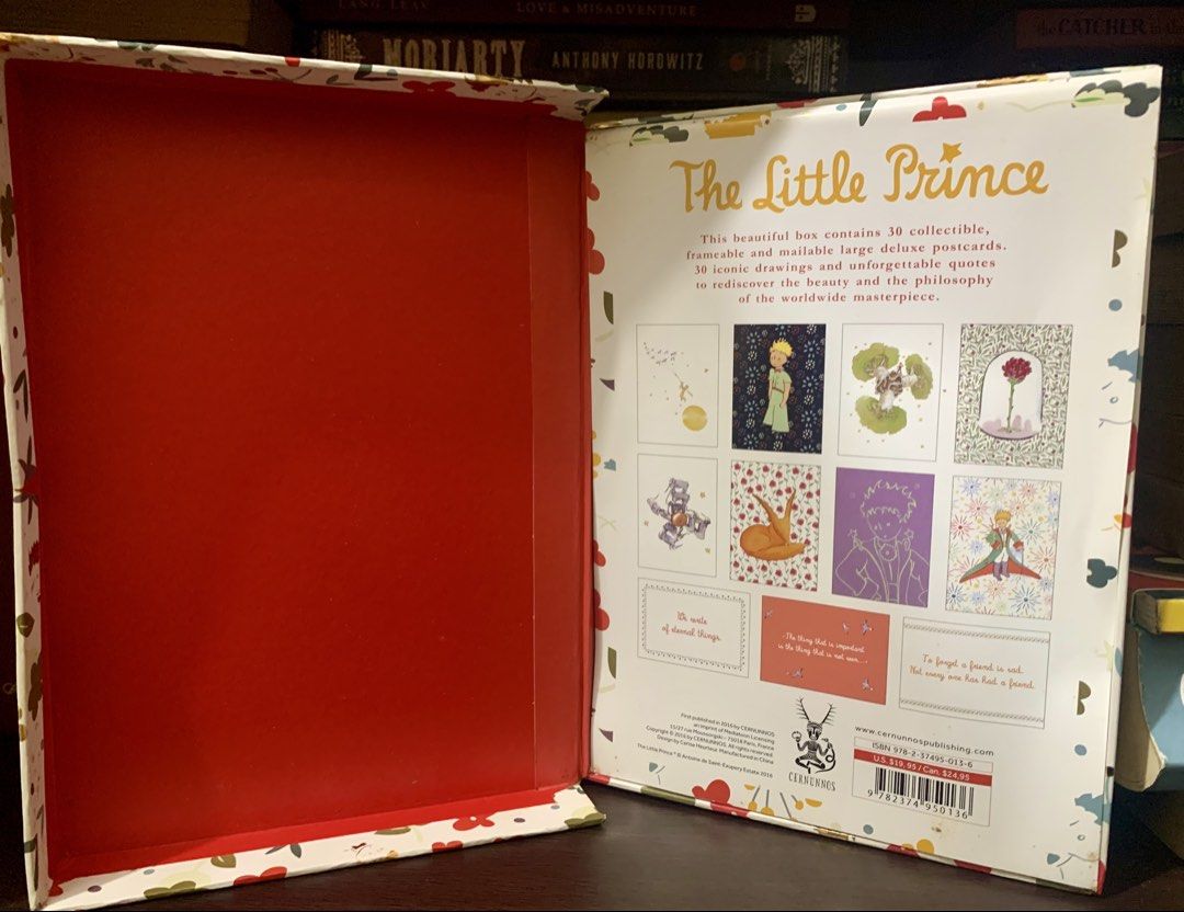The Little Prince 30 Deluxe Postcards (Category: Storybooks) located in Valenzuela. Submitted by preloved_by_poshspeiz (Listing ID 1458459680, Image 2). Description: The Little Prince 30 Deluxe Postcards - This pre-loved beautiful box contains 30 collectible, frameable, and mailable deluxe postcards. - Complete with never used 30 postcards. Stored in my bookshelf because it’s so pretty to look at. - There are very minimal sign of storage - Price 