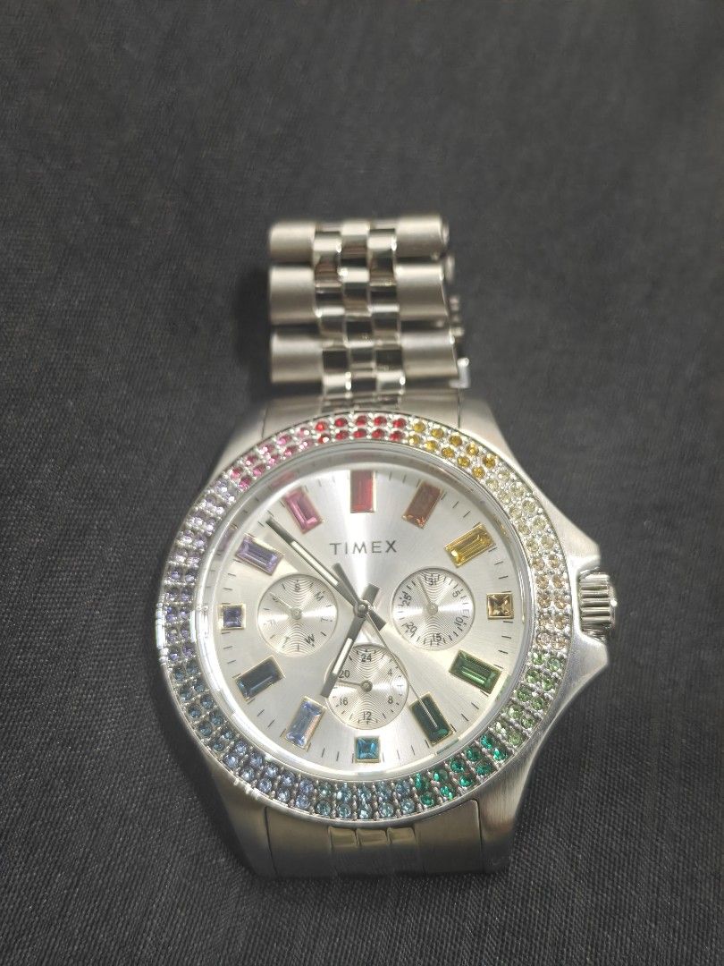Timex Kaia 40mm Rainbow Stainless authentic (Category: Jewelry) located in Manila. Submitted by marcent99 (Listing ID 1458412370, Image 1). Description: Sinuot lang sa kasal di magagamit sasakay na sa barko . with warranty Buckle/Clasp: Clasp Case Shape: Round Crystal/Lens: Mineral Glass Dial Markings: Markers (Full) Water Resistance: 50 meters Dial Color: Blue Case Color: Silver Strap Color: Silver Movement: Quartz.