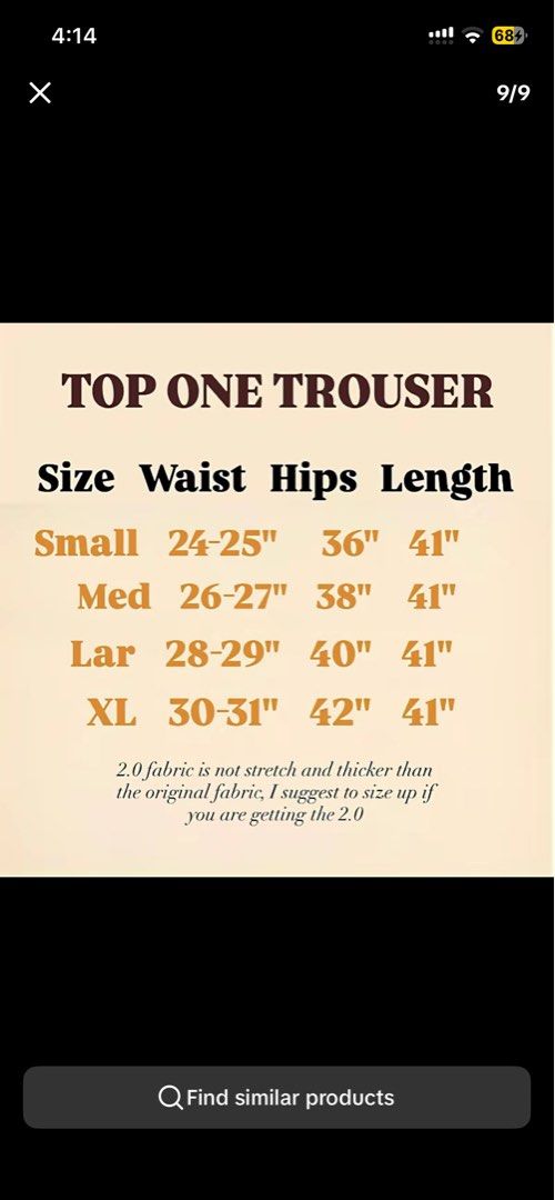 TOP ONE TROUSERS IN LINEN FABRIC (Category: Other Bottoms) located in Caloocan City. Submitted by paupau46206 (Listing ID 1458485429, Image 2). Description: Tiktok high waist Trouser but I bought the wrong size. This is XL (please see size table). Never been used. Locations: North Caloocan, Trinoma or SM Light Mall.
