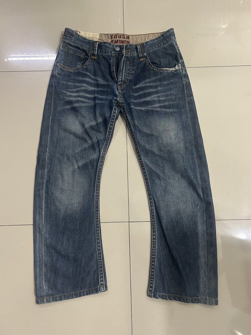 Vintage TOUGH Jeansmith Denim Pants (Category: Jeans) located in Cainta. Submitted by mrdlpr (Listing ID 1458488451, Image 3). Description: Vintage TOUGH Jeansmith Denim Pants - Waist: 34-36 in - Length: 40 in - star on button - kind of curve inward like barrel pants RFS: LOVE these pants but they dont fit right because of my height 😿.
