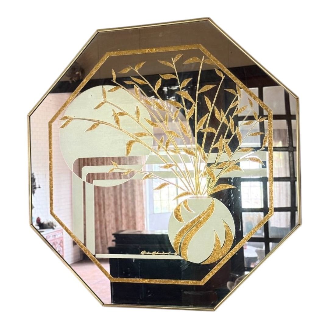 Vintage 80s Richard Sandoval Signed Octagonal Bamboo Mirror (Category: Mirrors) located in Paranaque City. Submitted by thepopneverstops (Listing ID 1458374778, Image 2). Description: Authentic 1980s Postmodern octagonal wall mirror designed and signed by artist Richard Sandoval (Windsor Art). Features a detailed gold foil bamboo arrangement in a stylized vase, set against frosted etched glass and a thin brass frame border. Ideal for Mid-Century 