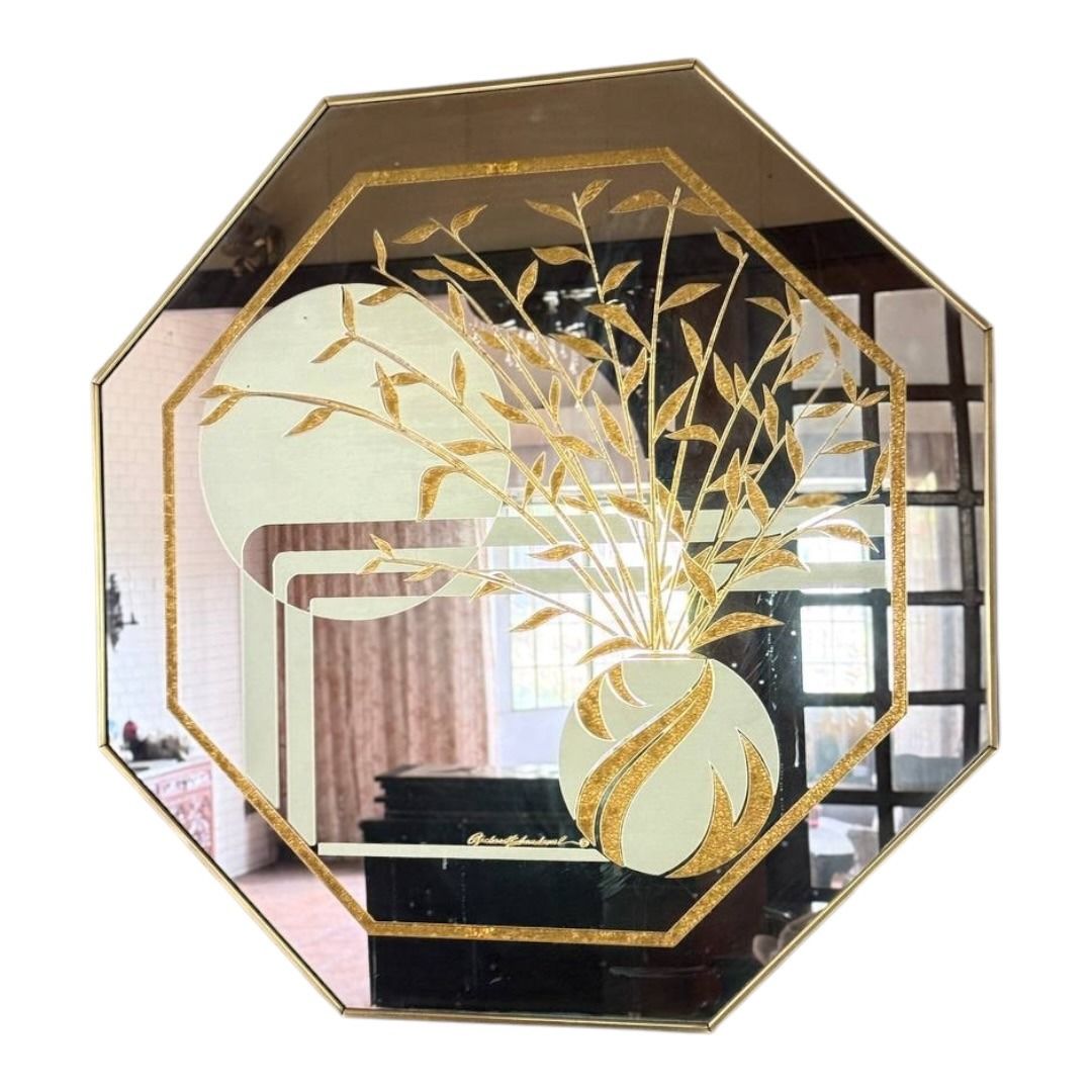 Vintage 80s Richard Sandoval Signed Octagonal Bamboo Mirror (Category: Mirrors) located in Paranaque City. Submitted by thepopneverstops (Listing ID 1458374778, Image 3). Description: Authentic 1980s Postmodern octagonal wall mirror designed and signed by artist Richard Sandoval (Windsor Art). Features a detailed gold foil bamboo arrangement in a stylized vase, set against frosted etched glass and a thin brass frame border. Ideal for Mid-Century 