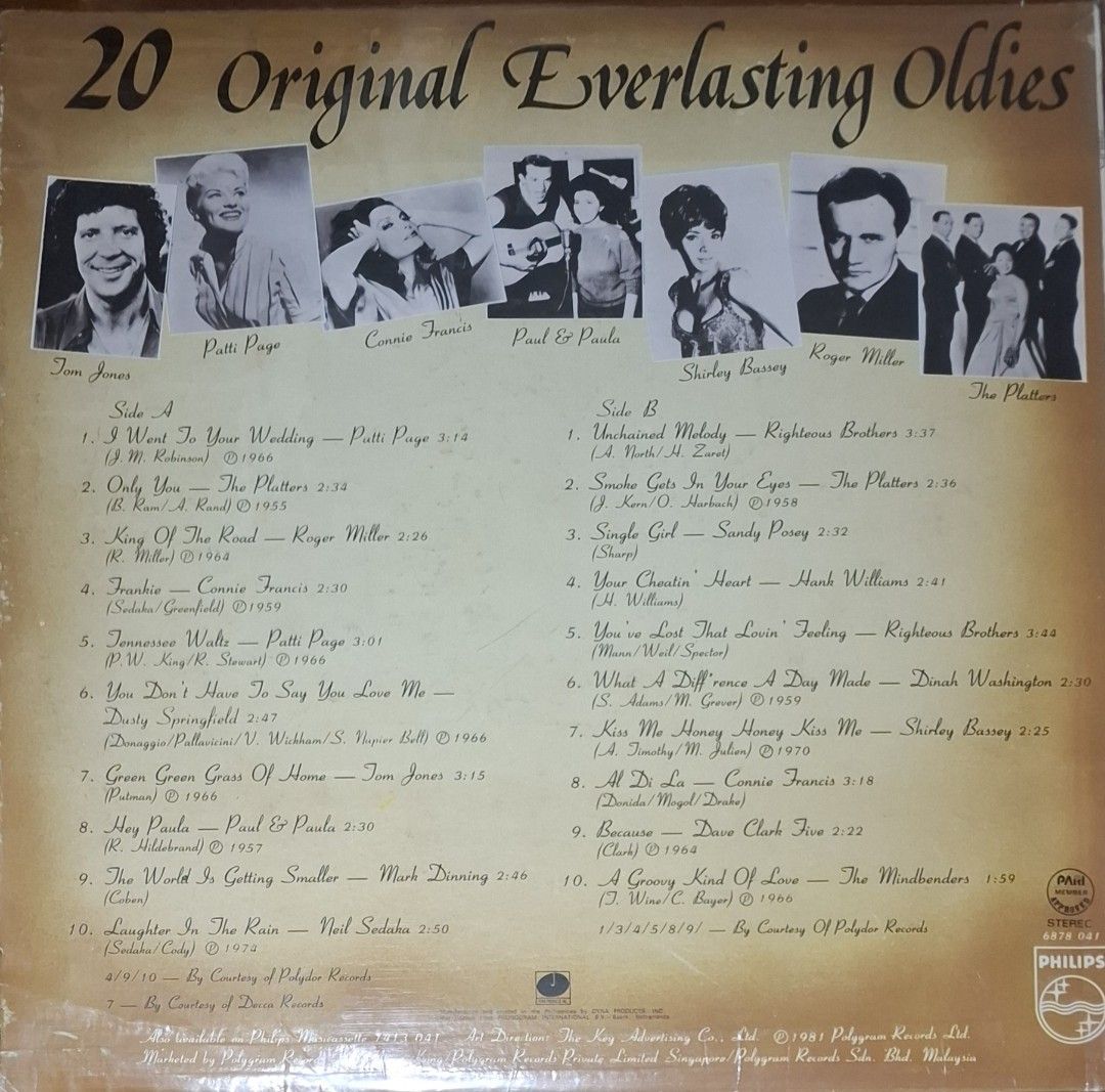 (Vinyl) 20 Original Everlasting Oldies (Category: Vinyls) located in Makati City. Submitted by decluttermp (Listing ID 1458469740, Image 2). Description: - Condition: Excellent - Compilation vinyl record featuring 20 original everlasting oldies. - Includes hits from iconic artists: Tom Jones, Patti Page, Connie Francis, Shirley Bassey, Roger Miller, and The Platters. - Philippines Pressing.