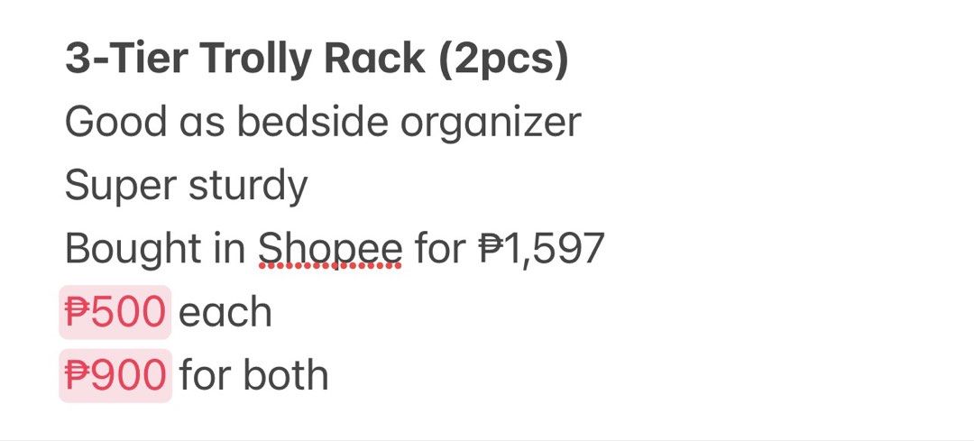White 3-Tier Rolling Storage Cart with Wheels (Category: Storage Boxes & Baskets) located in Quezon City. Submitted by warmbear.c1d0c5 (Listing ID 1458440099, Image 2). Description: - White 3-tier rolling storage cart - Features wheels for easy mobility - Dimensions: 50cm (Width) x 83cm (Height) x 30cm (Depth) - Shelf heights: Top (6cm), Middle (27cm), Bottom (10cm) - Sturdy construction, ideal for organizing various items in any room.