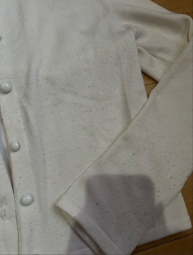 White Cardigan Longsleeves Button (Category: Coats, Jackets and Outerwear) located in Mandaluyong City. Submitted by bayline999 (Listing ID 1458385831, Image 2). Description: - flaw: fluffs/lints.