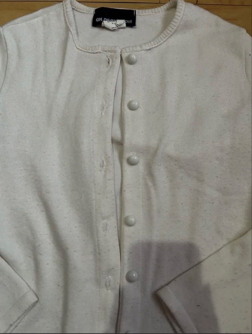 White Cardigan Longsleeves Button (Category: Coats, Jackets and Outerwear) located in Mandaluyong City. Submitted by bayline999 (Listing ID 1458385831, Image 3). Description: - flaw: fluffs/lints.