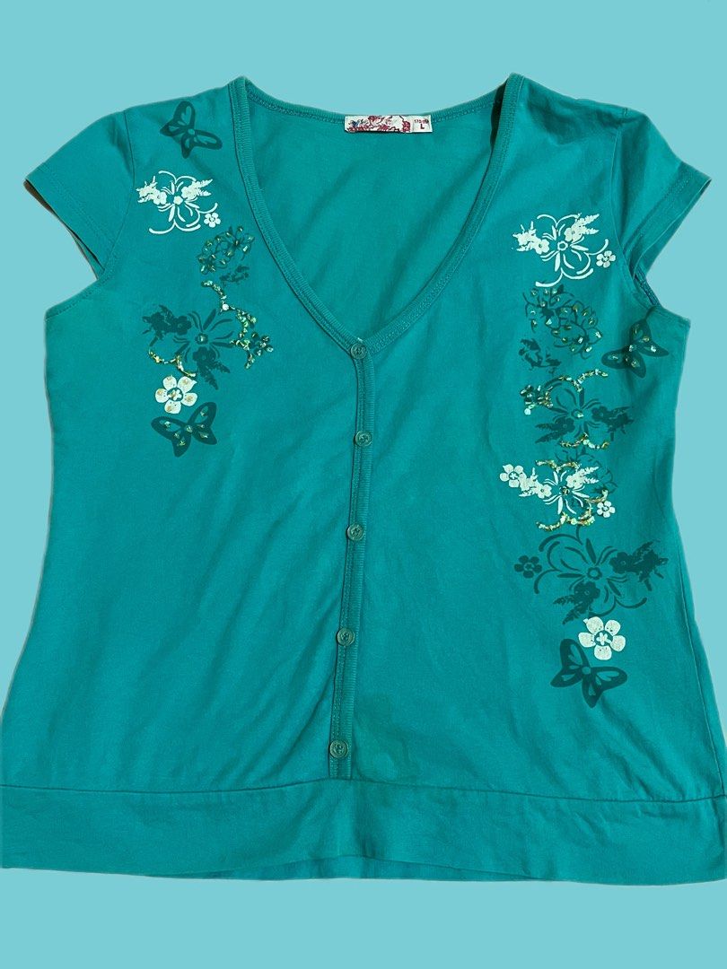y2k turquoise flower sequin whimsy top (Category: Blouses) located in Iligan City. Submitted by miaepples (Listing ID 1458369943, Image 1). Description: fast ship out! mod: jnt direct mop: gcash/mari.