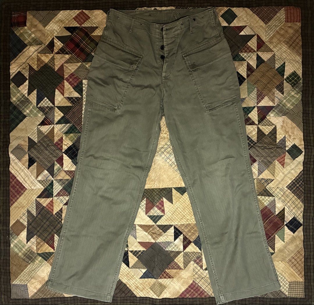 YMCL KY P-44 Monkey Pants (Category: Trousers) located in Manila. Submitted by its_ookay.ph (Listing ID 1458360349, Image 1). Description: Reproduction of the P-44 Trousers Herringbone pattern 2 large side and 1 back pockets with USN Stencil Buttonfly Tagged size 32 Won’t mind keeping until I get an actual vintage P-44.. W - 32 L - 42 O - 9.5 .