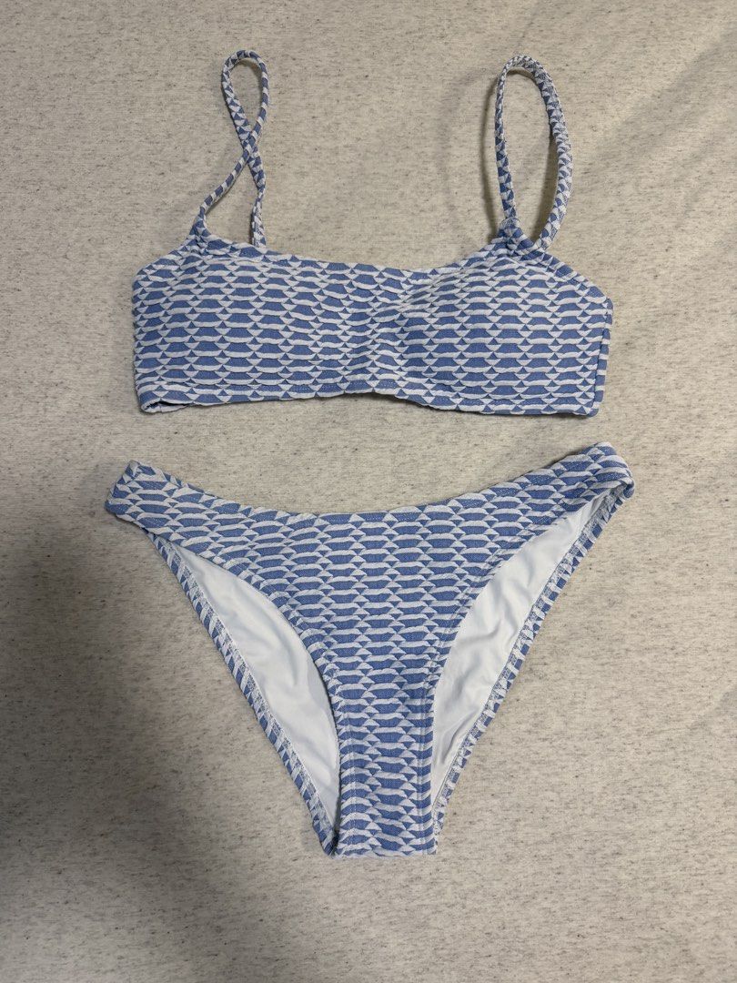 Yukari Swim Blue & White Geometric Pattern Bikini Set Size S (Category: Bikinis & Swimsuits) located in Manila. Submitted by closetproject_kk (Listing ID 1458391468, Image 3). Description: - Used only once! Cute Yukari Swim bikini set - Blue and white geometric pattern - Adjustable straps and clasp back - High-cut bottoms - Size S - Made in China - Ideal for beach or pool days.
