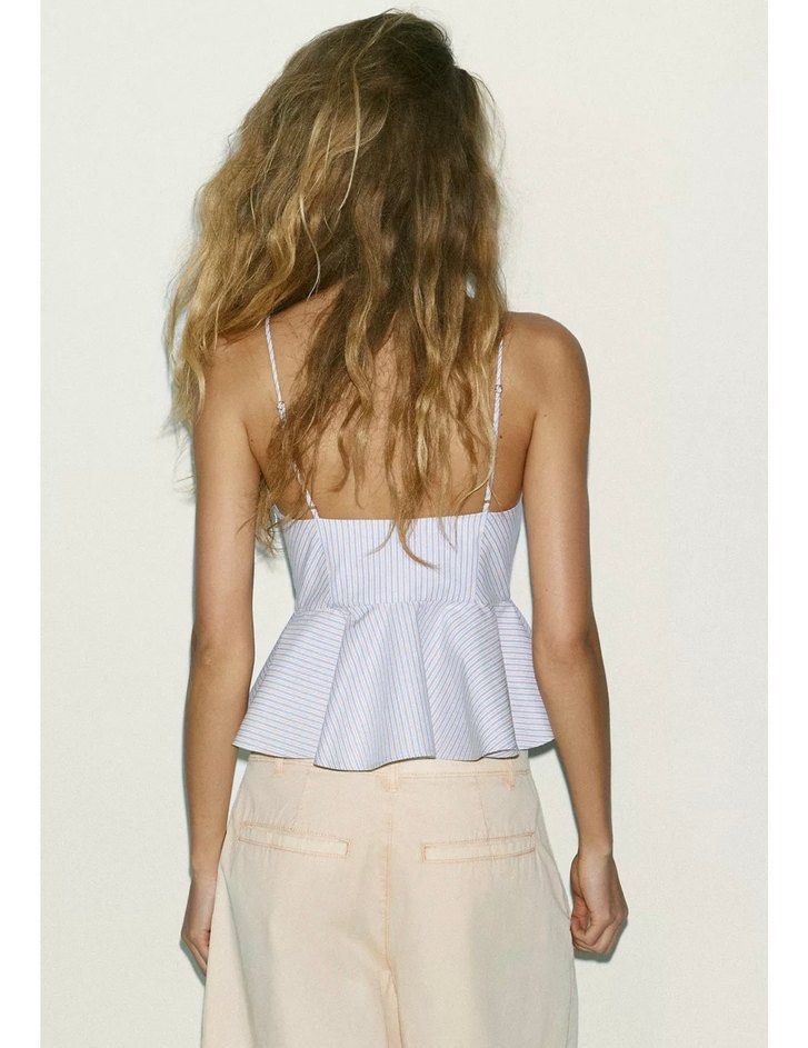 Zara Striped Voluminous Peplum Top (Category: Sleeveless) located in Quezon City. Submitted by s0l4nge (Listing ID 1458318141, Image 2). Description: price is firm adjustable straps looks bnew pa.