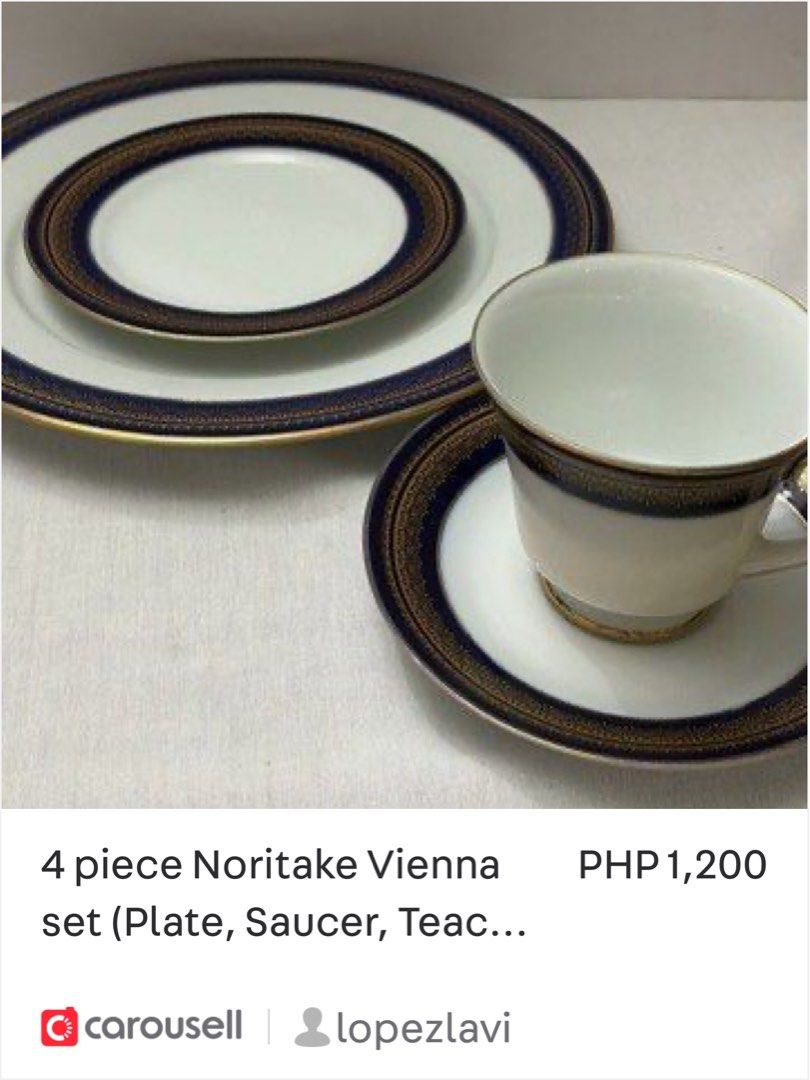 4 piece Noritake Vienna dinnerware set (Category: Dinnerware & Cutlery) located in Quezon City. Submitted by lopezlavi (Listing ID 1453430009, Image 1). Description: - Set includes: 1 Plate, 1 Saucer, 1 Teacup (4 pieces total) - Brand: Noritake - Collection: Vienna - Design: Classic navy blue band with exquisite gold accents - Ideal for: Special occasions, tea parties, or adding a touch of luxury to everyday use - Condition: Excellent (implied, a