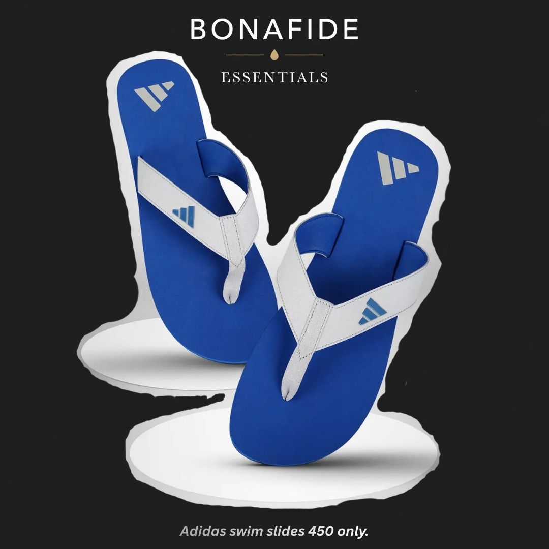 Adidas Swim Slides 450 Blue White (Category: Slippers and slides) located in Rizal. Submitted by bonafide.essentials (Listing ID 1453538438, Image 2). Description: - Adidas swim slides US 7/8 available - Size 450 - Ideal for pool or beach use - Easy to slip on and off.