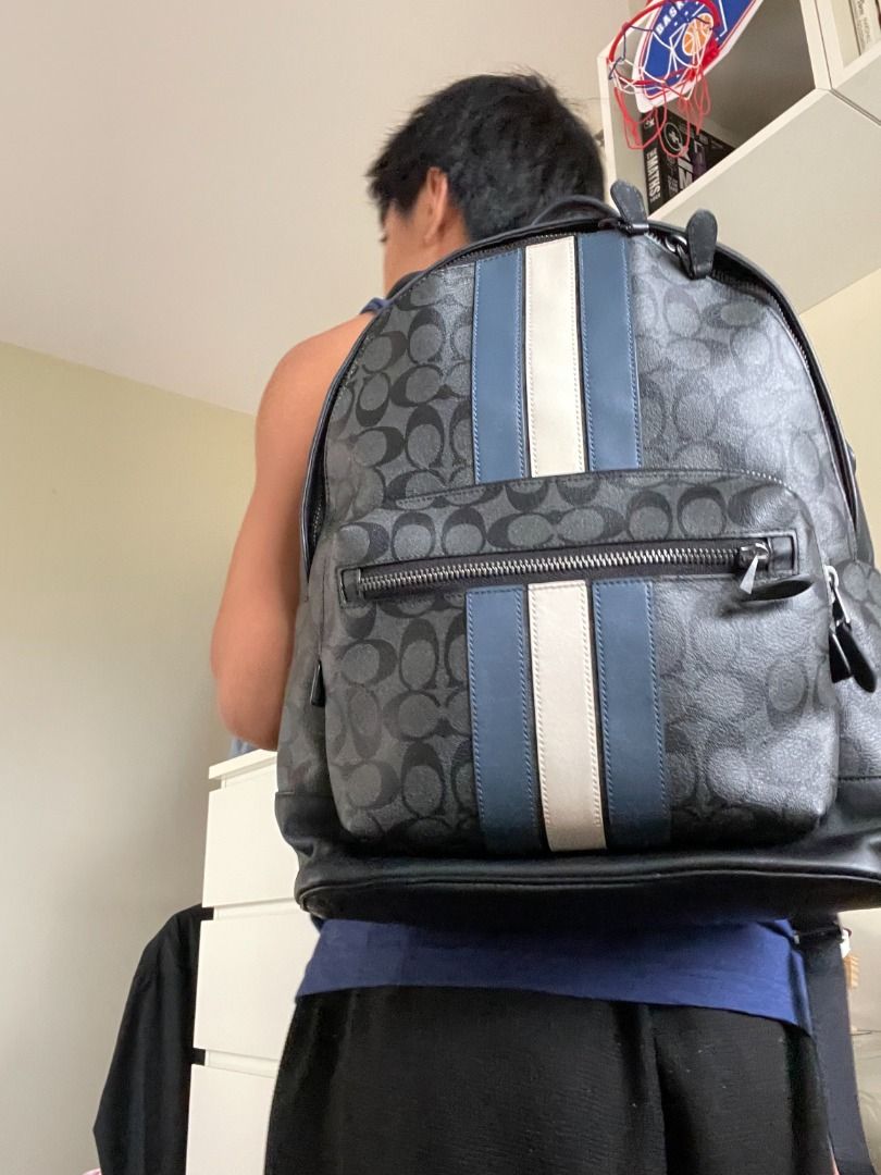 Authentic Coach West Backpack Signature Canvas Varsity Stripe (Category: Luxury Bags & Wallets) located in Caloocan City. Submitted by grandtiger_aeaf1d (Listing ID 1453452257, Image 1). Description: A sporty yet polished Coach backpack with the iconic Varsity Stripe detail. Used only around 10 times — canvas is clean, hardware is bright, straps are firm. Fits a 13" laptop comfortably. Great for school, work, or travel. Retails at ₱36,848 — grab 