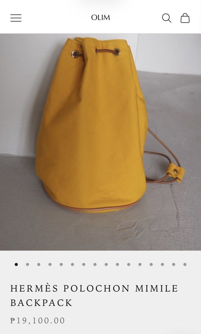 Authentic Hermes Polochon Mimile Canvas Drawstring Backpack (Category: Luxury Bags & Wallets) located in Mandaluyong City. Submitted by wear_your_style (Listing ID 1453476234, Image 3). Description: Silent luxury ang atake. Bought this at the preloved store in Japan for ₱25K. This piece still retails up to ₱48k in some websites. This is already vintage. Material is canvas (100% thick cotton) but the drawstring is leather. Approx 14.5 inches long 