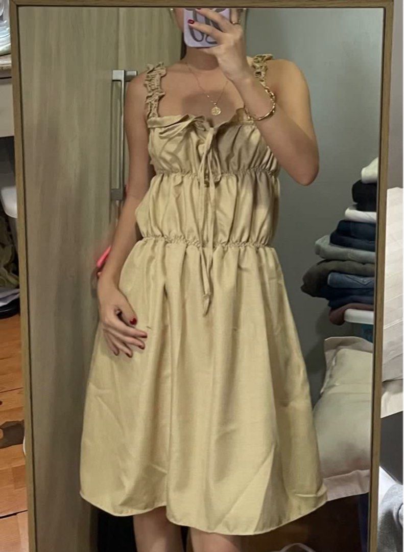 Beige Linen Ruffle Ruched Tie Mini Dress (Category: Dresses) located in Quezon City. Submitted by snooop (Listing ID 1453600459, Image 3). Description: RFS: declutterring 〰️ fits XS-S frame 〰️ cute & dainty summer dress! 〰️ light and stretchy fabric with garter waist (garter is a bit loose) 〰️ no flaws.
