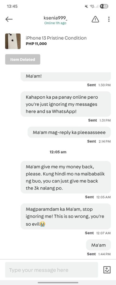 BEWARE‼️ SCAMMER‼️ (Category: Announcements) located in Manila. Submitted by jamallows (Listing ID 1453479979, Image 1). Description: She deleted the item on her listing now!.